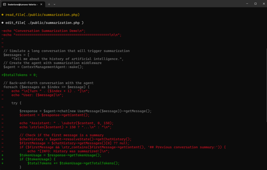 Maestro CLI editing a PHP summarization file and showing highlighted code changes in the terminal