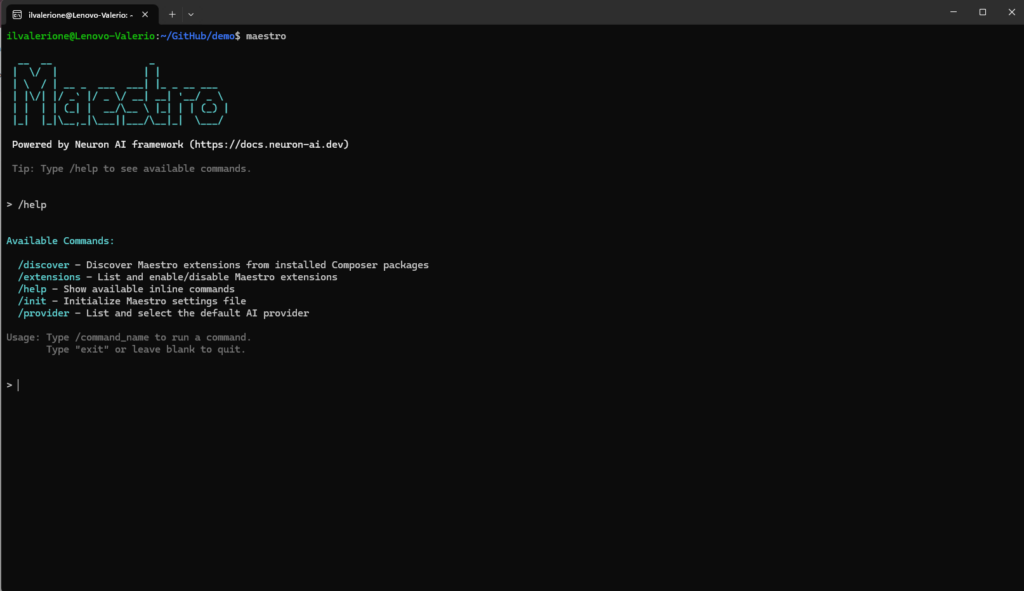 Maestro CLI help screen listing available inline commands such as discover, extensions, help, init, and provider