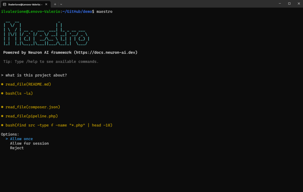 Maestro CLI tool approval prompt showing requested file and shell operations with allow or reject options